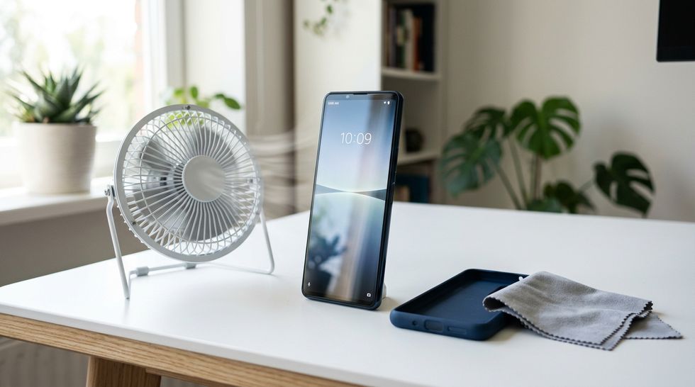 iPhone сушится перед комнатным вентилятором после попадания в воду