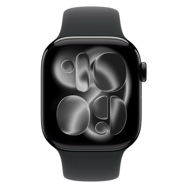 Apple Watch Series 11, 42 мм корпус из алюминия цвета Черный глянец, черный спортивный ремешок