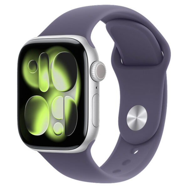 Apple Watch Series 11, 42 мм корпус из алюминия цвета Серебристый, фиолетовый спортивный ремешок
