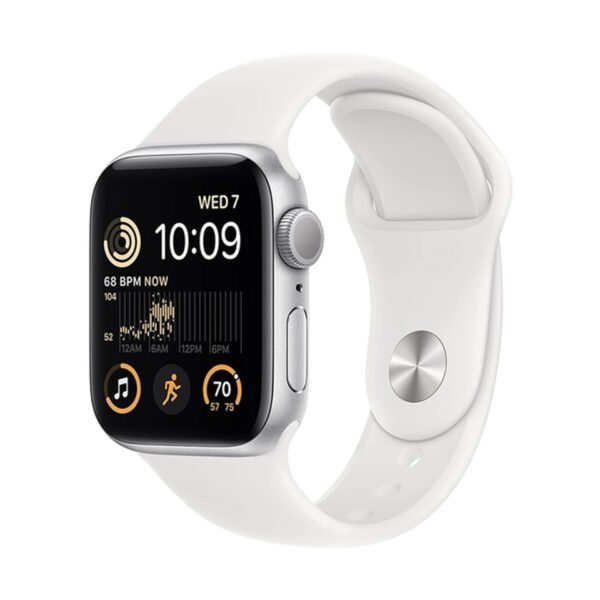 Apple Watch SE 2024, 40 мм корпус из алюминия Серебристого цвета, белый текстильный ремешок