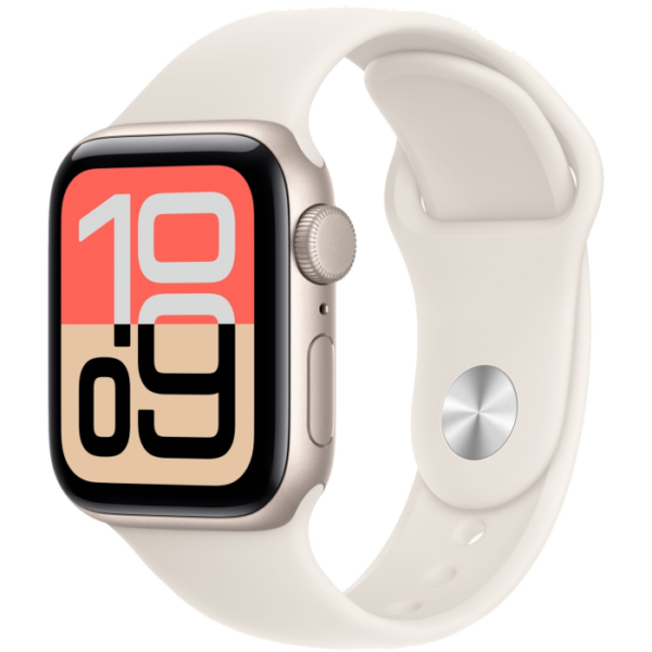 Apple Watch SE 3, 40 мм корпус из алюминия цвета Сияющая звезда, белый спортивный ремешок