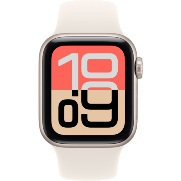 Apple Watch SE 3, 44 мм корпус из алюминия цвета Сияющая звезда, белый спортивный ремешок