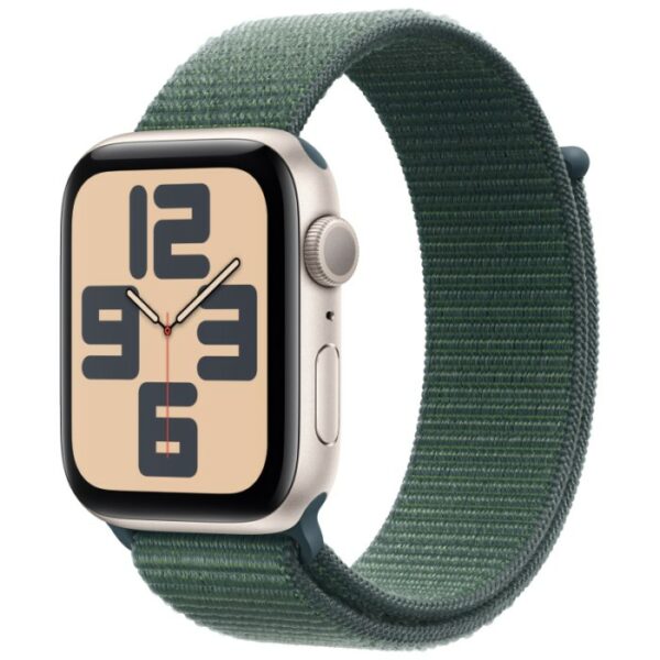 Apple Watch SE 2024, 44 мм корпус из алюминия цвет Сияющая звезда, темно-зеленый текстильный ремешок