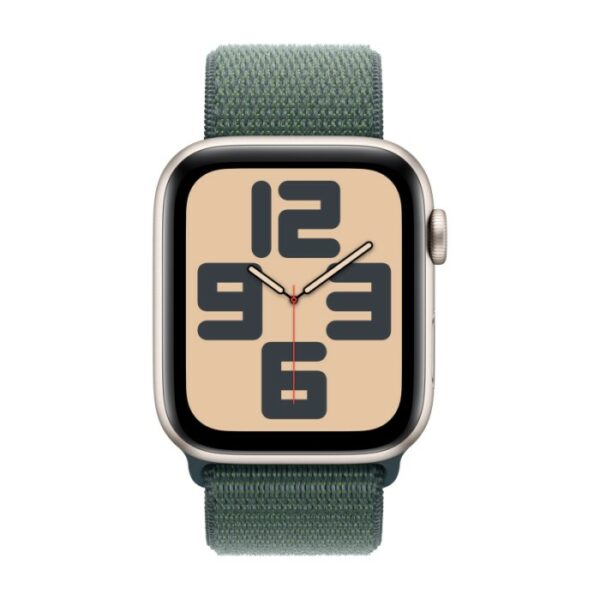 Apple Watch SE 2024, 44 мм корпус из алюминия цвет Сияющая звезда, темно-зеленый текстильный ремешок