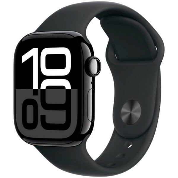 Apple Watch Series 10, 42 мм корпус из алюминия цвета Черный глянец, черный спортивный ремешок
