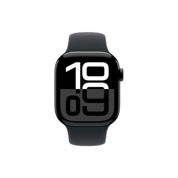 Apple Watch Series 10, 46 мм корпус из алюминия цвета Черный глянец, черный спортивный ремешок
