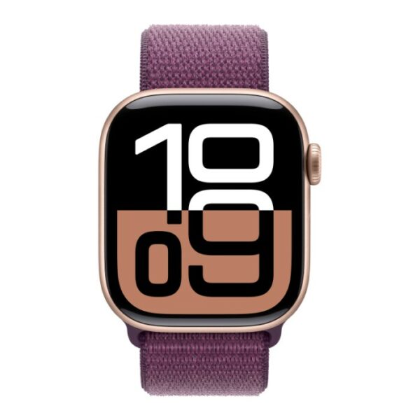 Apple Watch Series 10, 42 мм корпус из алюминия цвета Розовое золото, сливовый текстильный ремешок