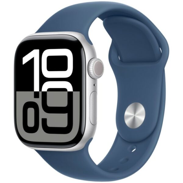 Apple Watch Series 10, 46 мм корпус из алюминия цвета Серебристый, синий спортивный ремешок