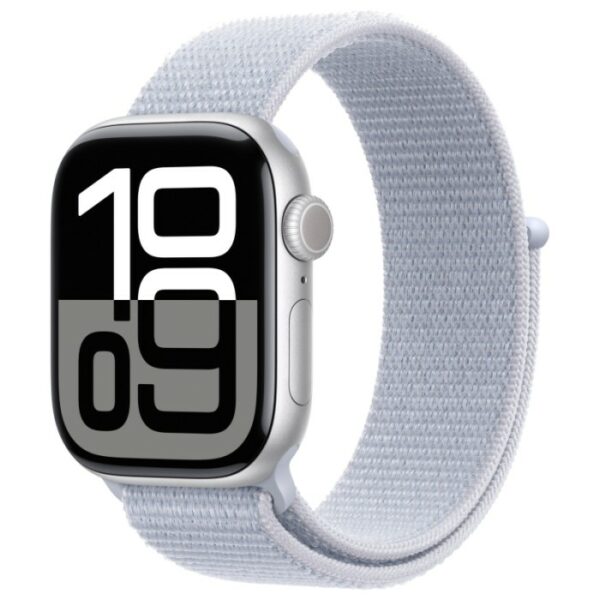Apple Watch Series 10, 42 мм корпус из алюминия цвета Серебристый, белый текстильный ремешок