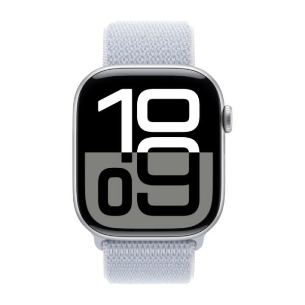 Apple Watch Series 10, 42 мм корпус из алюминия цвета Серебристый, белый текстильный ремешок
