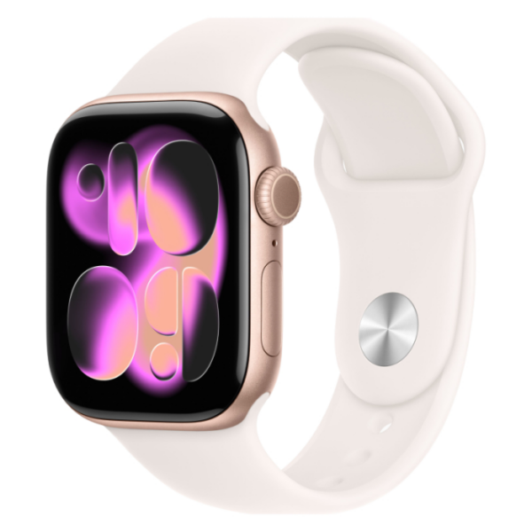 Apple Watch Series 10, 42 мм корпус из алюминия цвета Розовое золото, белый спортивный ремешок