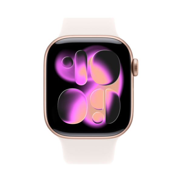 Apple Watch Series 10, 42 мм корпус из алюминия цвета Розовое золото, белый спортивный ремешок